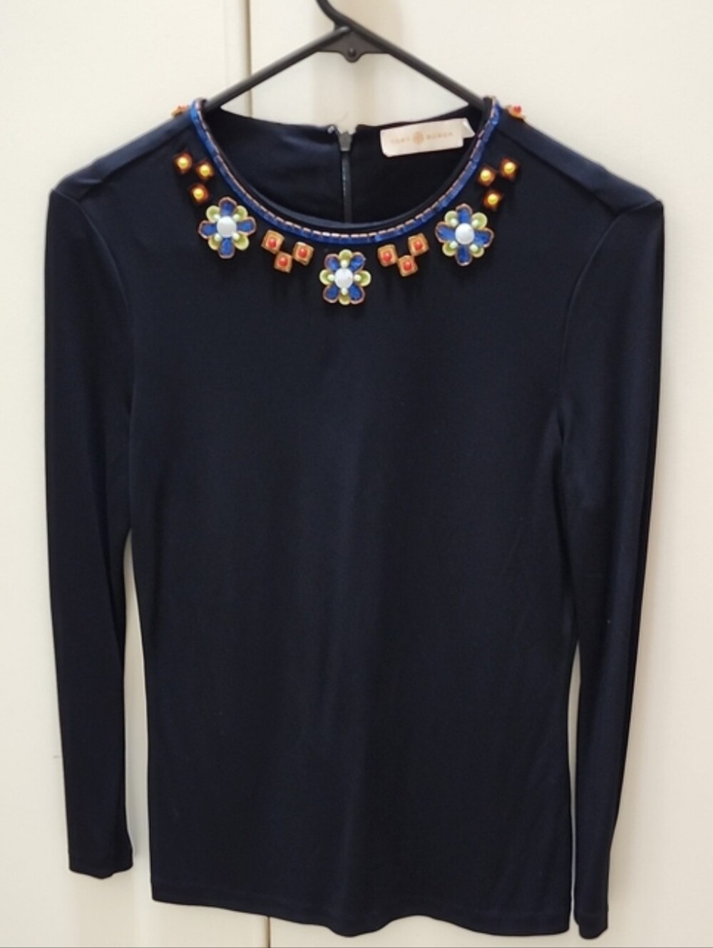 Tory Burch Embellished Black Long Sleeve Top, EUC, Size Small Women's with Beads